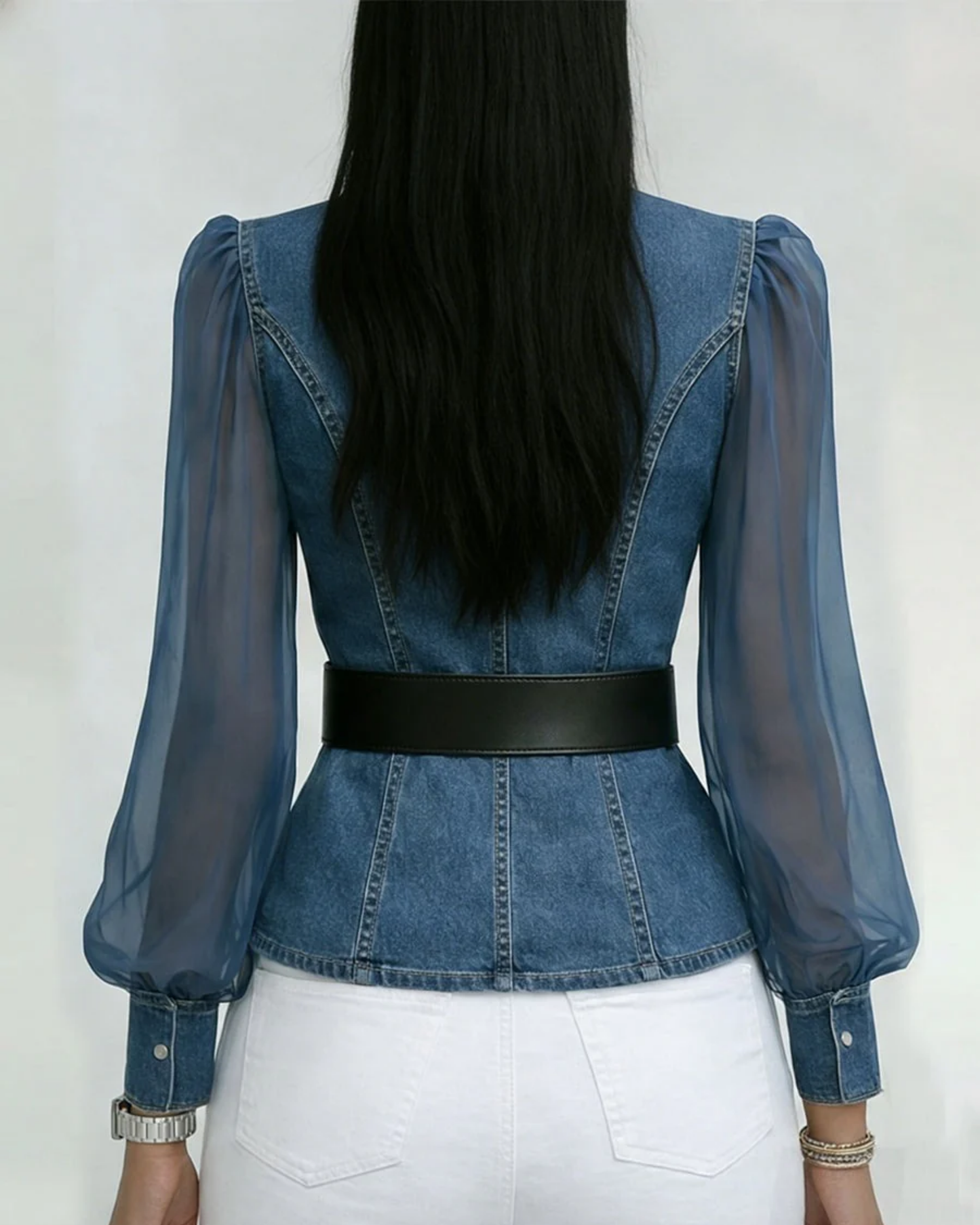 Luna| Stilsäkert Denim-Wraptop med Chiffonärmar