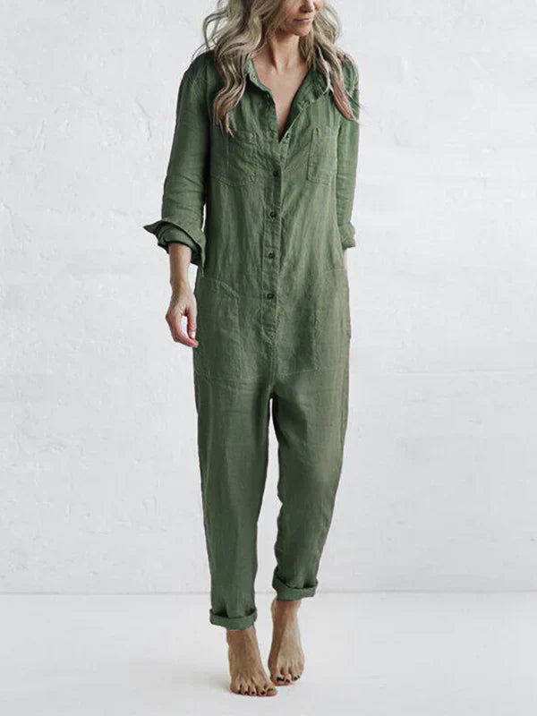 Luna - Trendy Langærmet Jumpsuit med Knaplås og Klaplommer