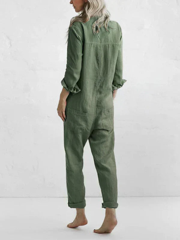 Luna - Trendy Langærmet Jumpsuit med Knaplås og Klaplommer