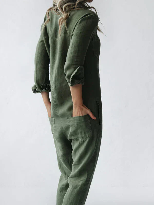 Luna - Trendy Langærmet Jumpsuit med Knaplås og Klaplommer