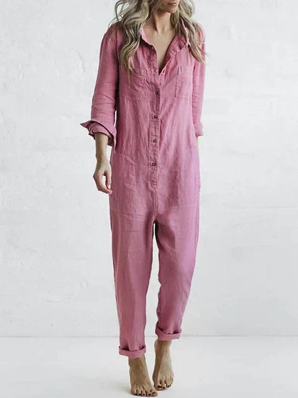 Luna - Trendy Langærmet Jumpsuit med Knaplås og Klaplommer