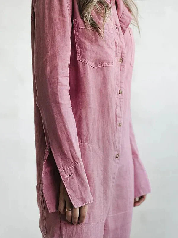 Luna - Trendy Langærmet Jumpsuit med Knaplås og Klaplommer