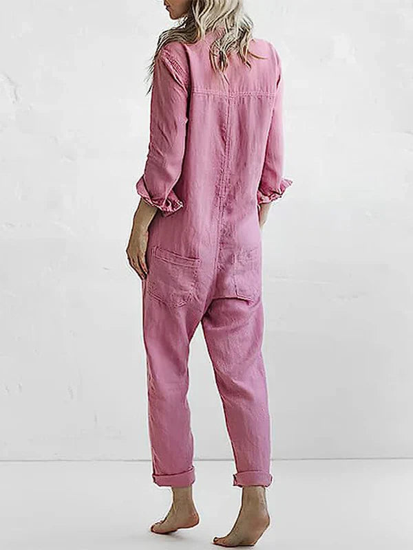 Luna - Trendy Langærmet Jumpsuit med Knaplås og Klaplommer