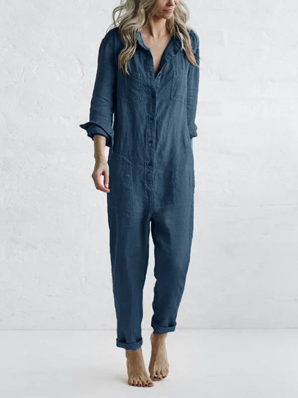Luna - Trendy Langærmet Jumpsuit med Knaplås og Klaplommer