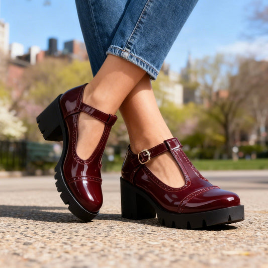 Clara | Eleganta Mary Janes med T-Riemen och Stabil Klack
