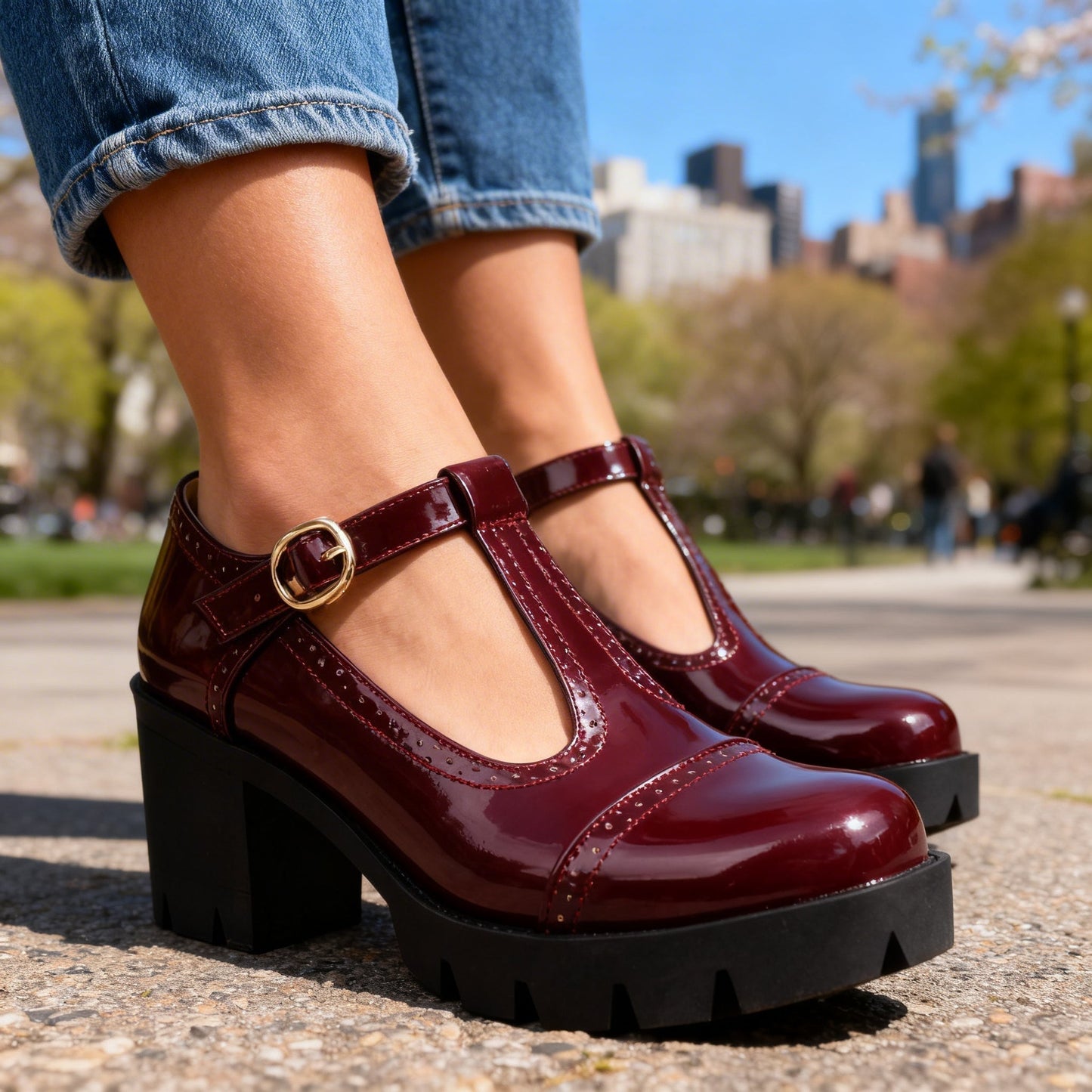 Clara | Eleganta Mary Janes med T-Riemen och Stabil Klack