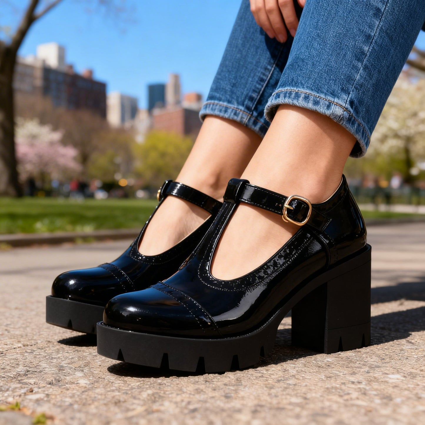 Clara | Eleganta Mary Janes med T-Riemen och Stabil Klack