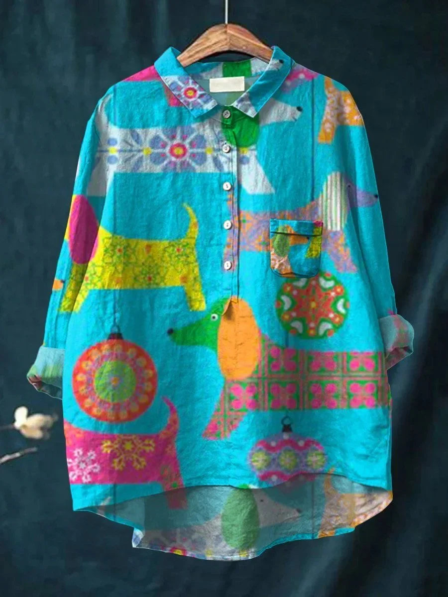 Kattiga Chic – Oversize Blus med Konstnärligt Tryck