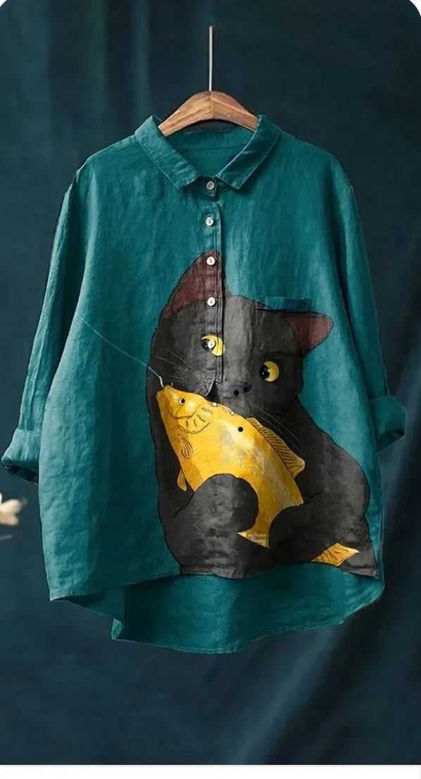 Kattiga Chic – Oversize Blus med Konstnärligt Tryck