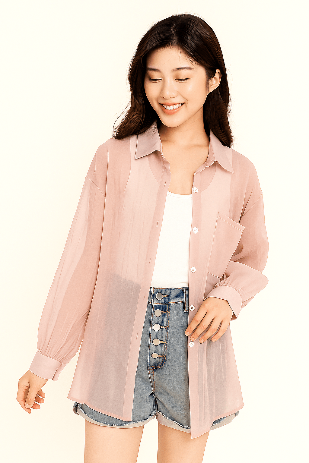 Elegant Blus med Knappdetalj och Bröstficka för Damer