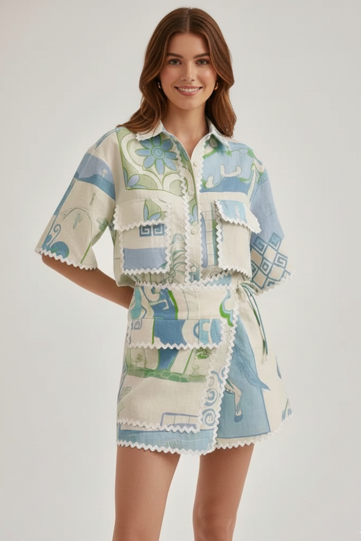 Sofia | Trendigt Tvådelat Set med Patchwork och Shorts