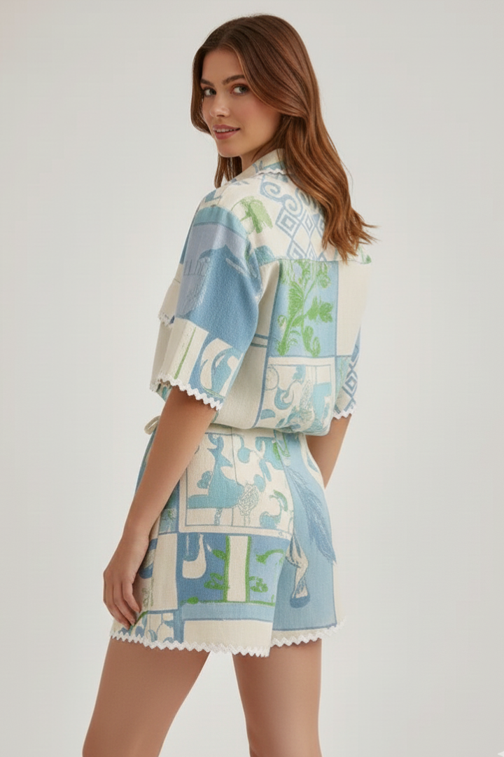 Sofia | Trendigt Tvådelat Set med Patchwork och Shorts