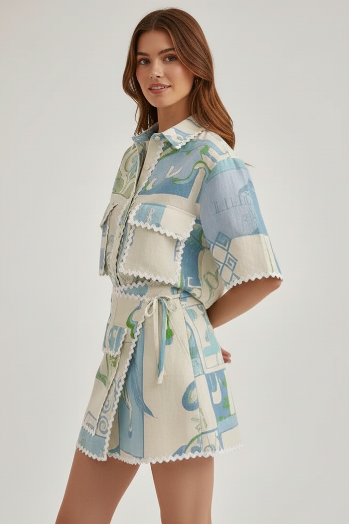 Sofia | Trendigt Tvådelat Set med Patchwork och Shorts