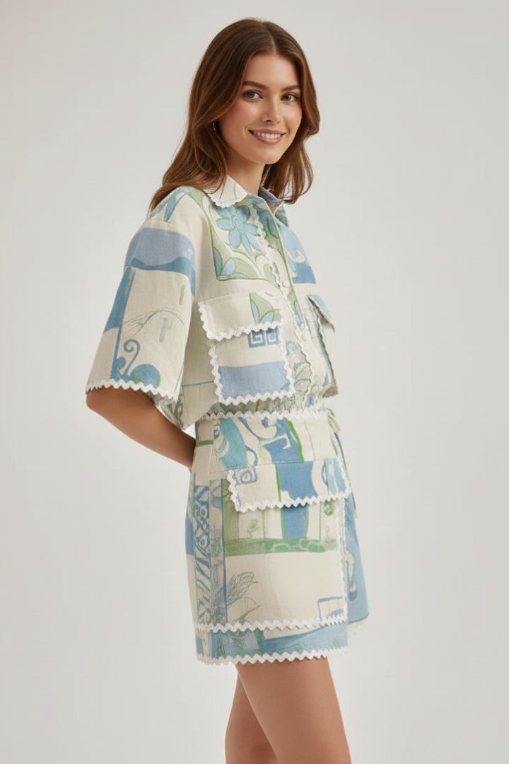 Sofia | Trendigt Tvådelat Set med Patchwork och Shorts
