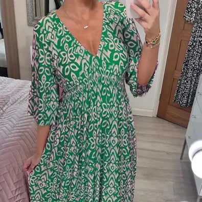 Elegant Lang Kjole med V-Hals og Taljeindsnøring