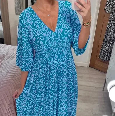 Elegant Lang Kjole med V-Hals og Taljeindsnøring