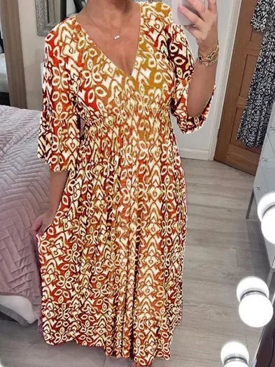 Elegant Lang Kjole med V-Hals og Taljeindsnøring