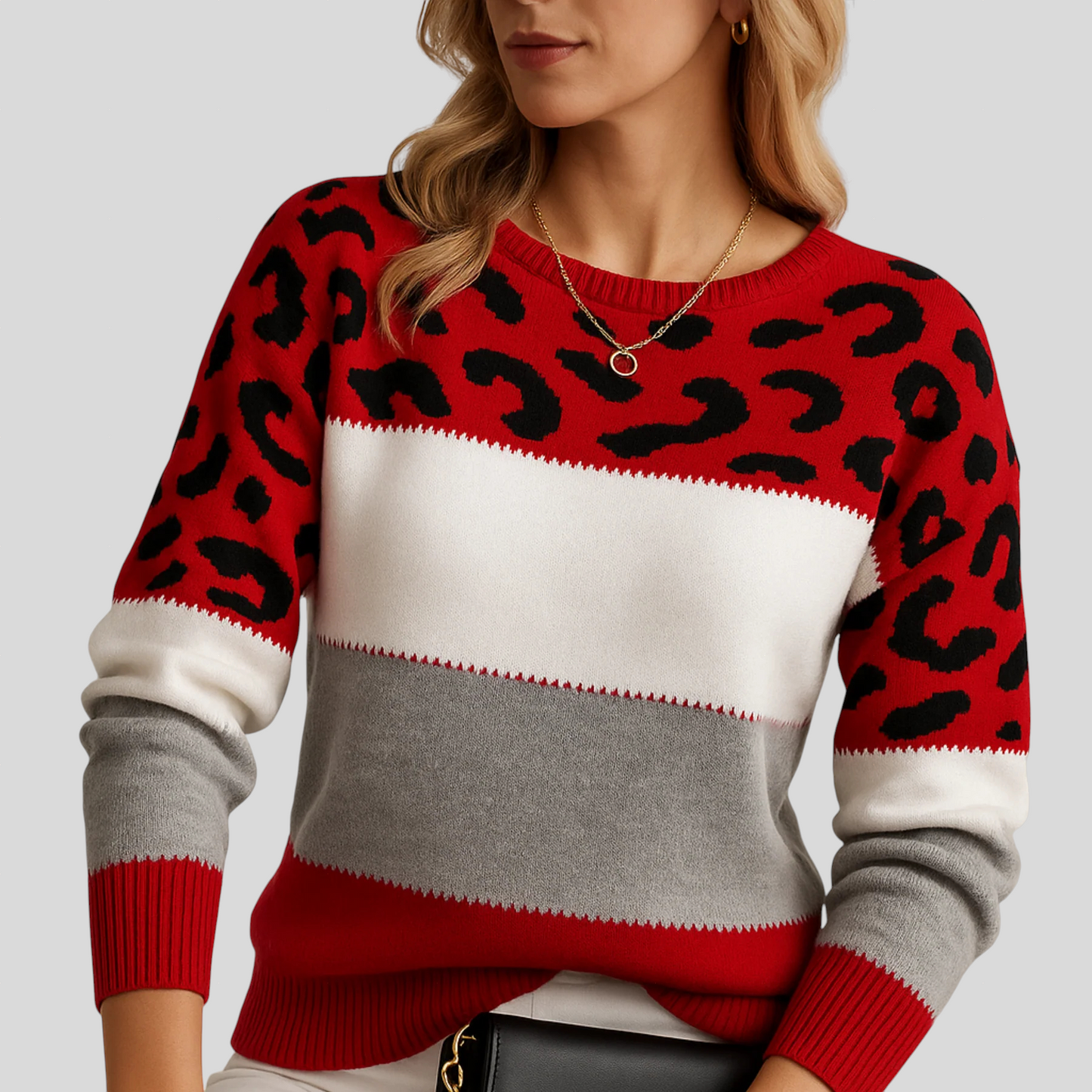 Farverig Strikbluse med Dyreprint – Tidløs Elegance