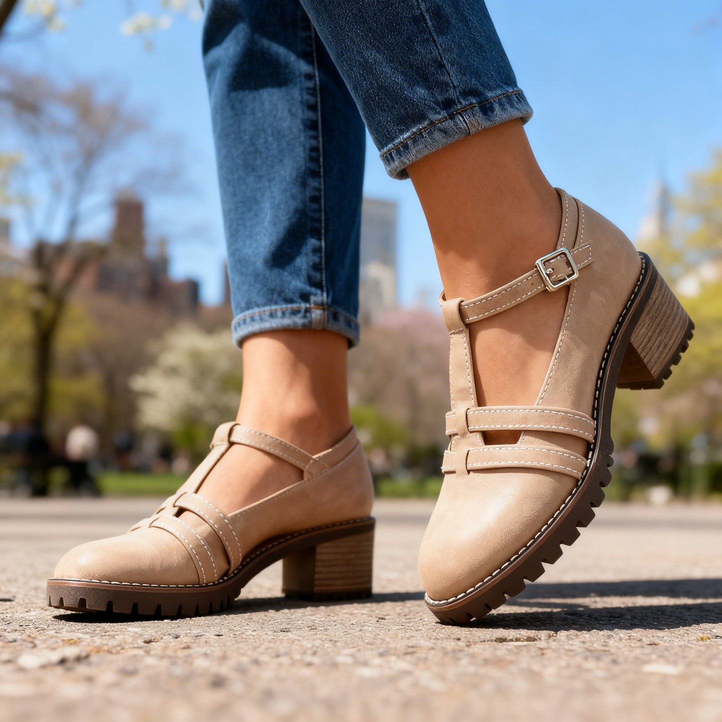 Sophisticated Retro Loafers med T-Riemen och Stabil Klack