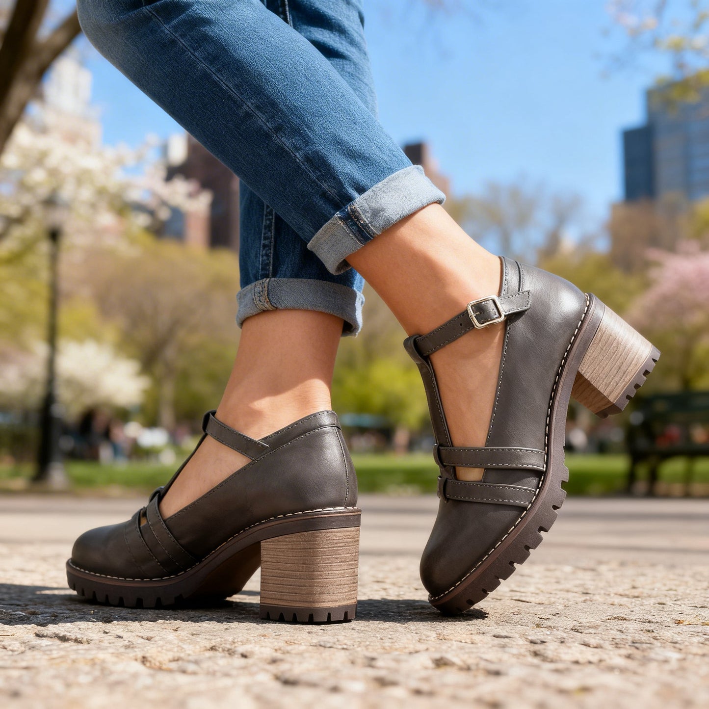 Sophisticated Retro Loafers med T-Riemen och Stabil Klack