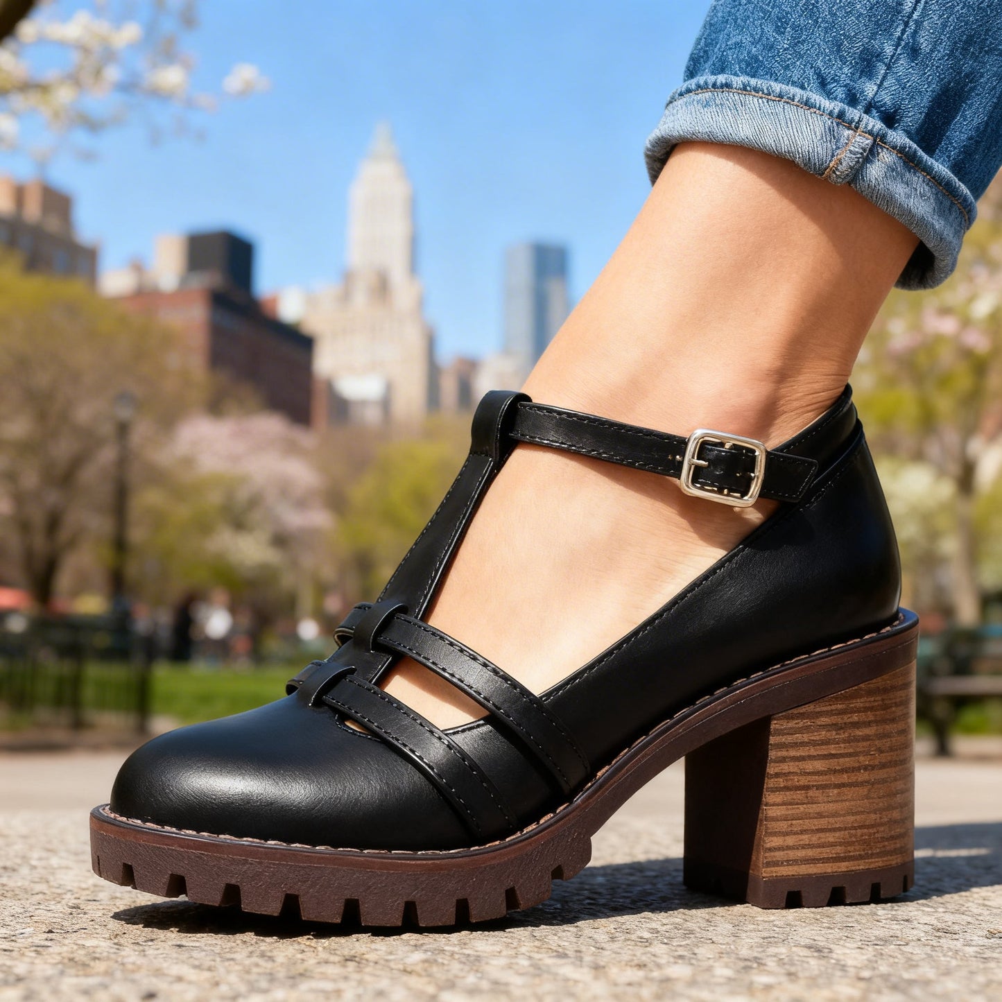 Sophisticated Retro Loafers med T-Riemen och Stabil Klack