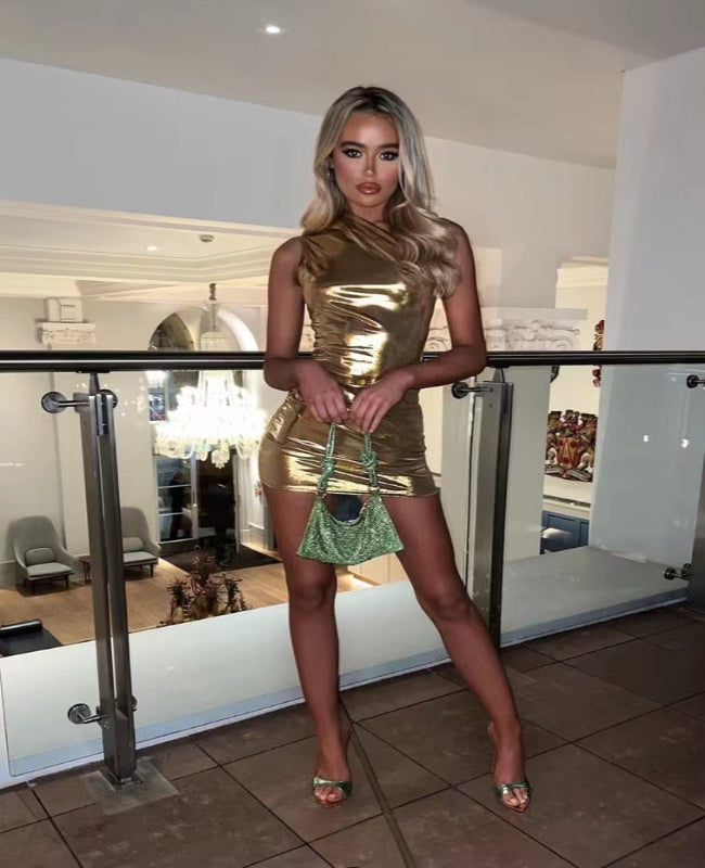 Luna – Strålende Metallic One-Shoulder Mini Kjole