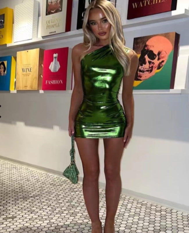 Luna – Strålende Metallic One-Shoulder Mini Kjole