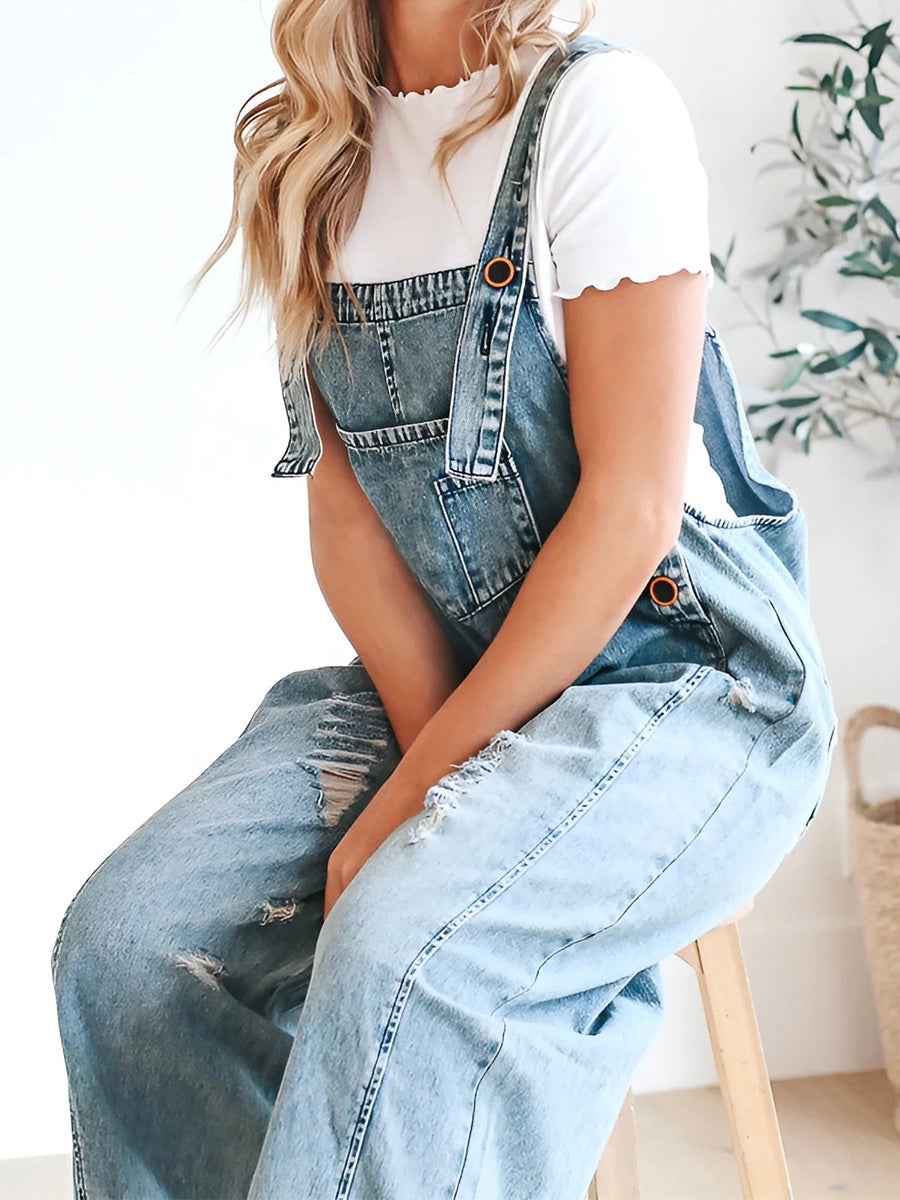 Sophie - Löst sittande, slitna jeanshängselbyxor
