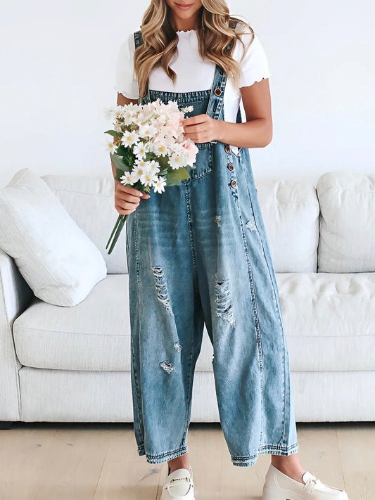 Sophie - Løs Pasform Slidte Denim Dungarees