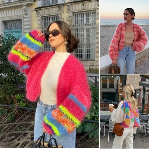Färgglad Stickad Kort Cardigan med Puffärmar för Kvinnor - Livia