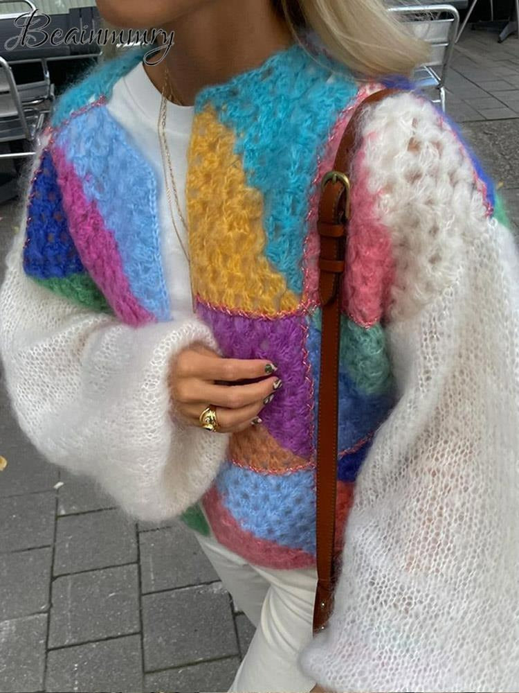 Färgglad Stickad Kort Cardigan med Puffärmar för Kvinnor - Livia