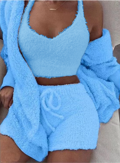 Chict Set med Kort Topp, Lång Cardigan och Bekväma Shorts