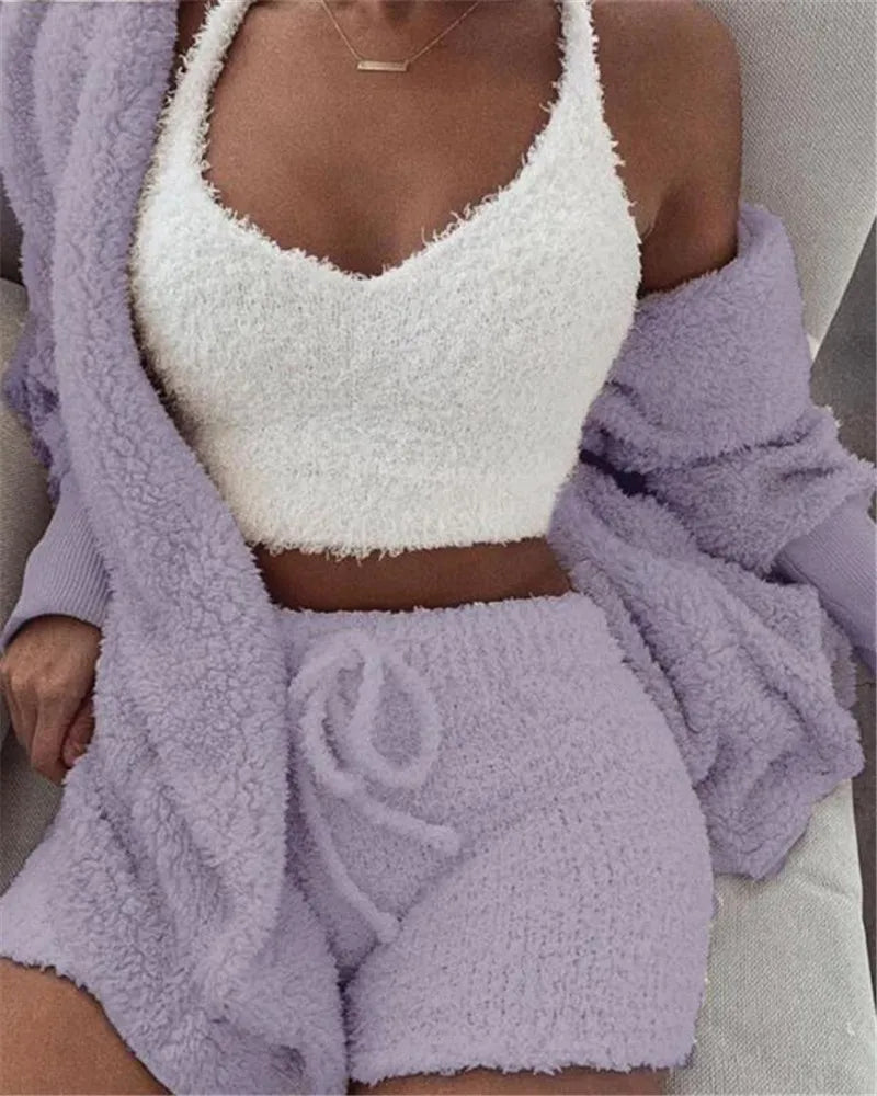Chict Set med Kort Topp, Lång Cardigan och Bekväma Shorts