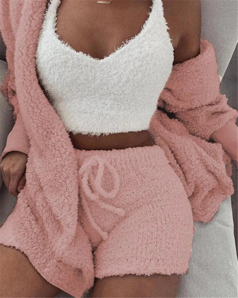 Chict Set med Kort Topp, Lång Cardigan och Bekväma Shorts