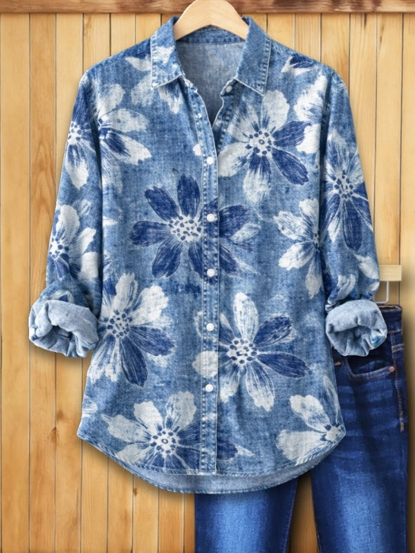 Floralt Denimskjorta med Knappdetaljer