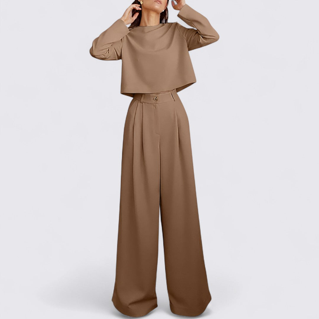 Dame buksedragt med vid ben - To-delt buksedragt - Rund halsudskæring