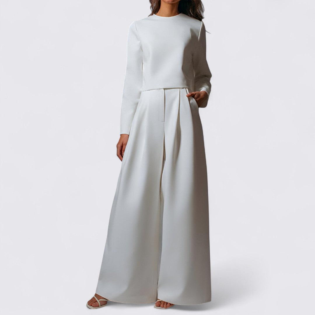 Dame buksedragt med vid ben - To-delt buksedragt - Rund halsudskæring