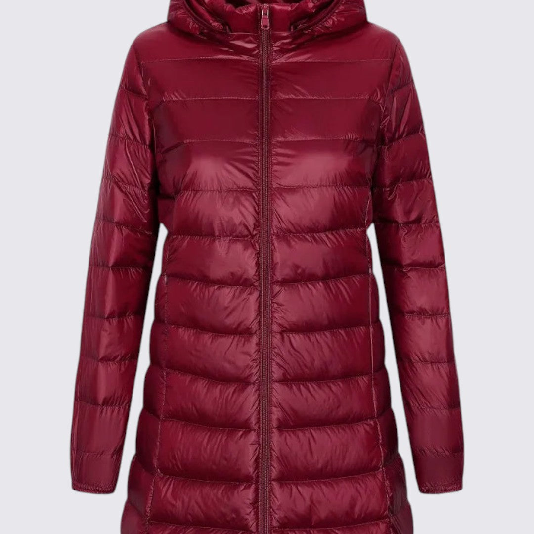 Damejakke med hætte – Vatteret jakke – Lang skæring