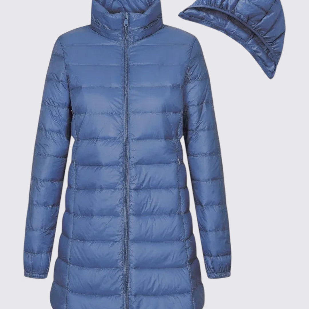 Damejakke med hætte – Vatteret jakke – Lang skæring