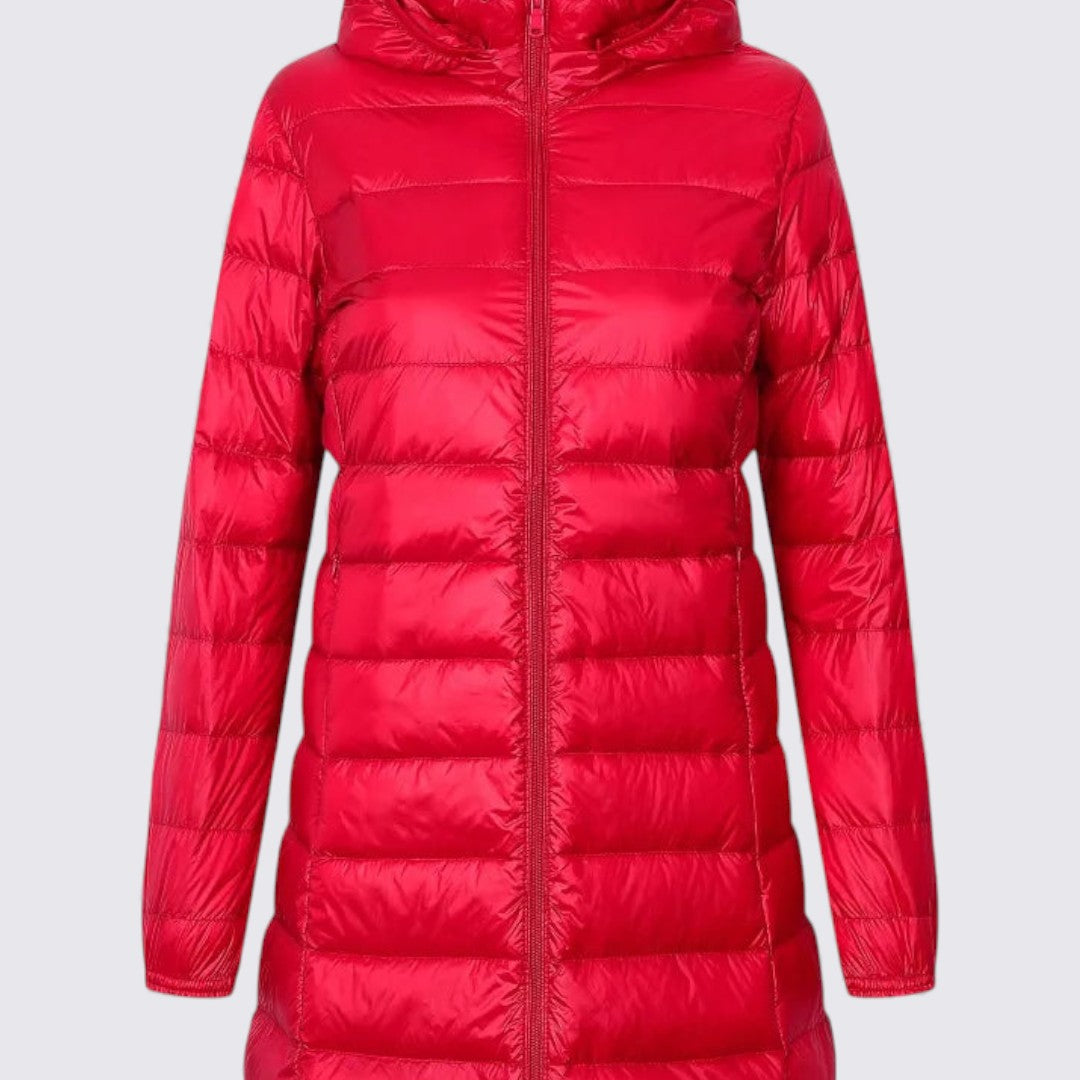 Damejakke med hætte – Vatteret jakke – Lang skæring