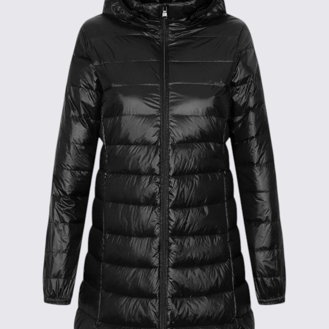 Damejakke med hætte – Vatteret jakke – Lang skæring