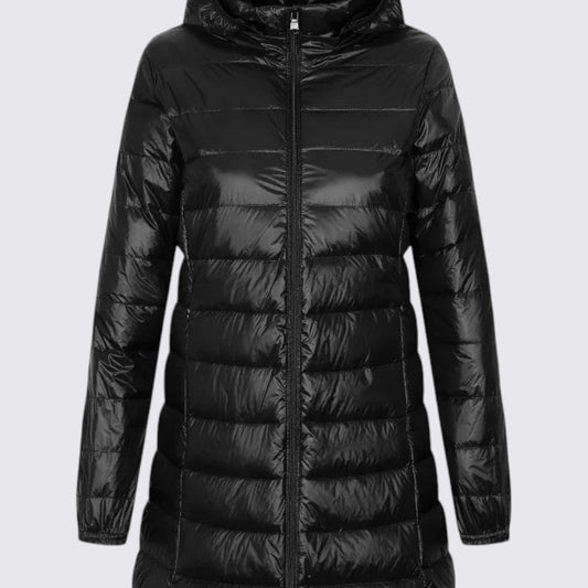 Damejakke med hætte – Vatteret jakke – Lang skæring