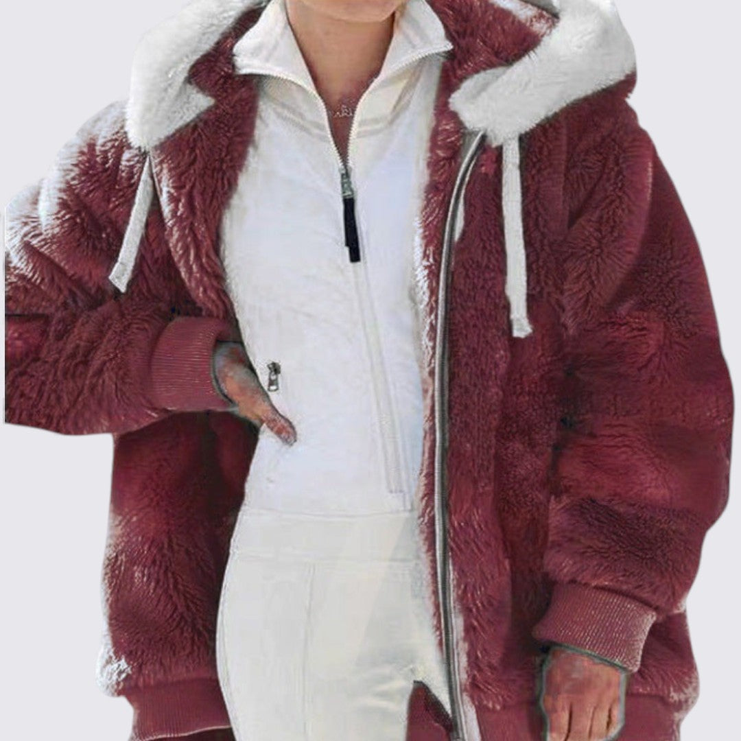 Dame hættejakke med lynlås – Blødt teddy-materiale – Løs pasform