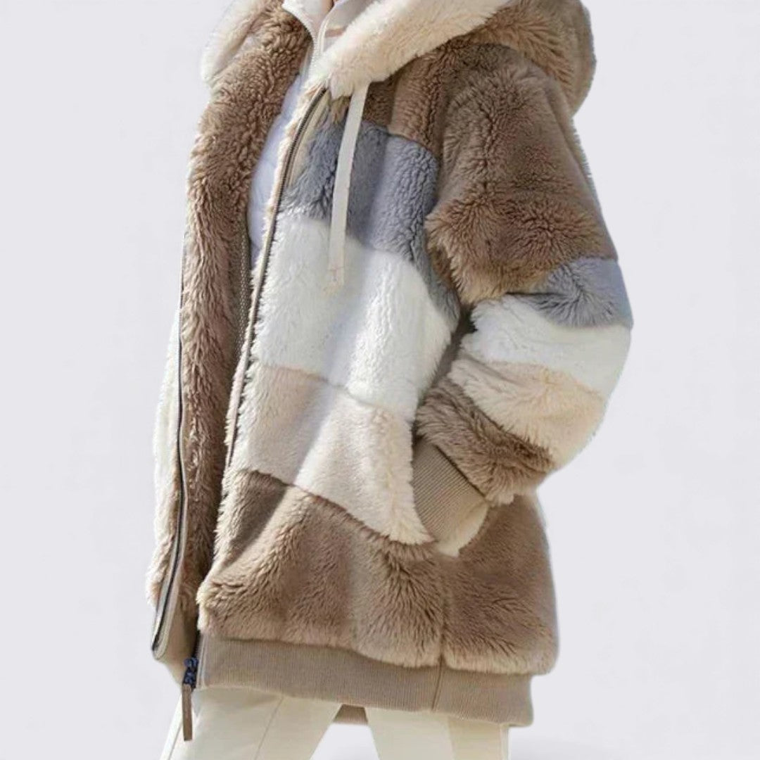 Dame hættejakke med lynlås – Blødt teddy-materiale – Løs pasform