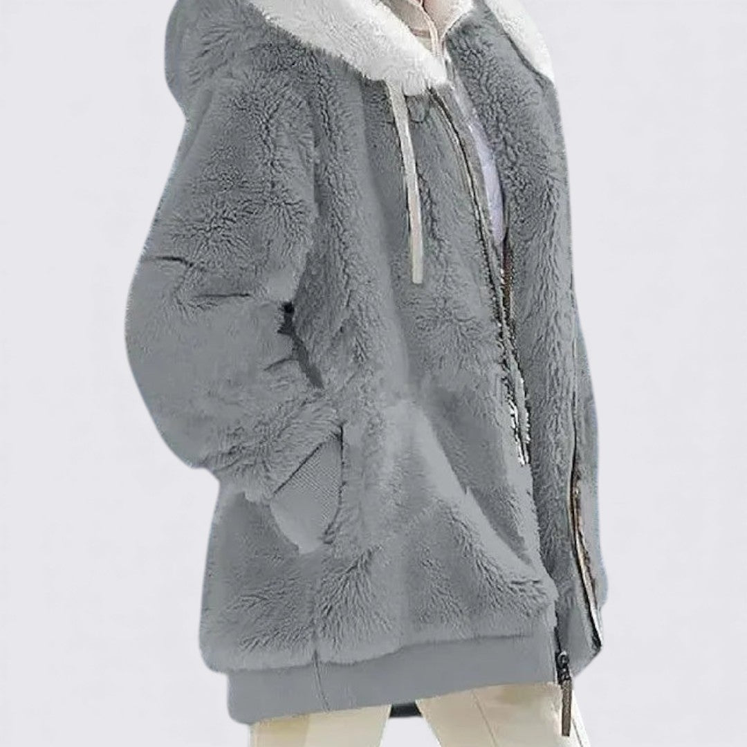 Dame hættejakke med lynlås – Blødt teddy-materiale – Løs pasform