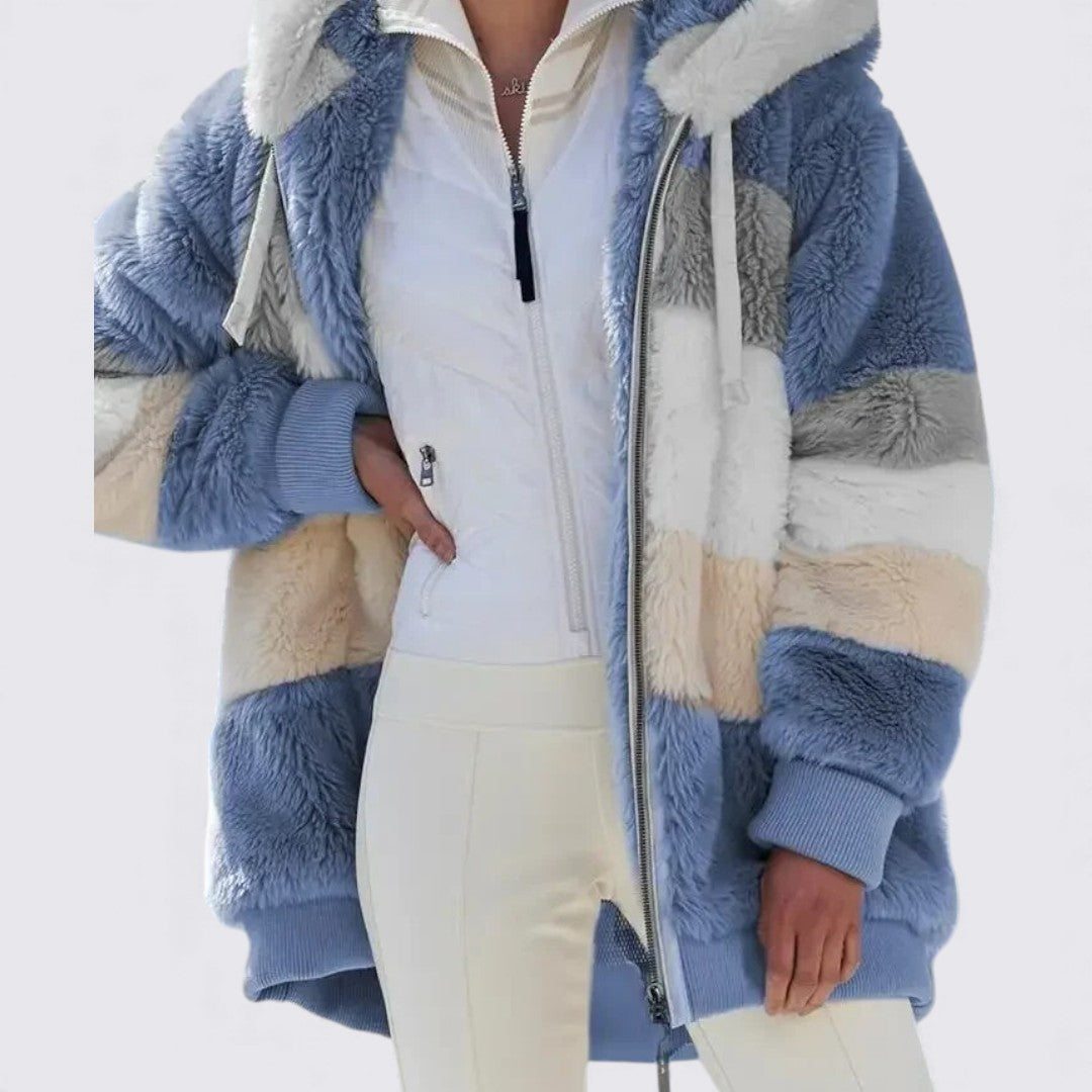 Dame hættejakke med lynlås – Blødt teddy-materiale – Løs pasform