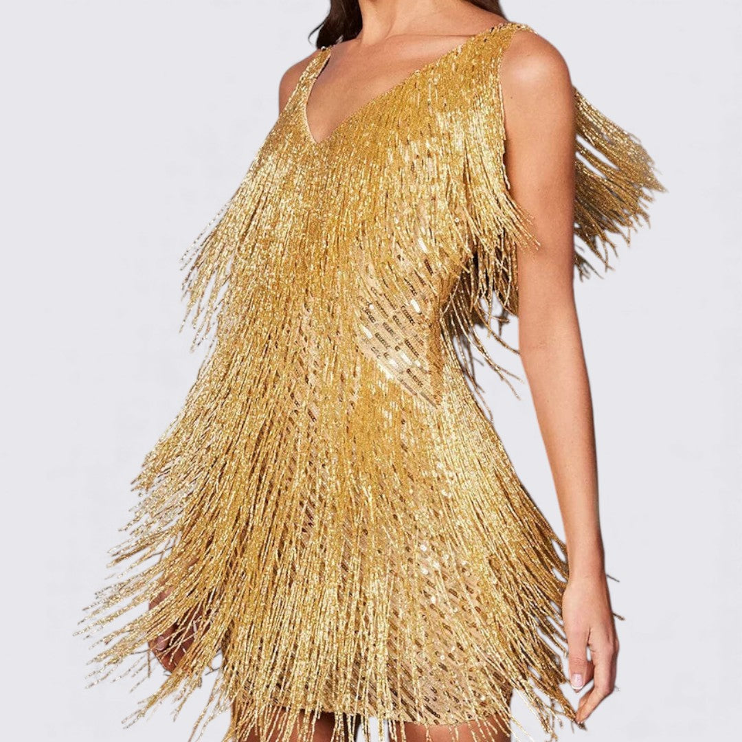 Damekjole med frynser – V-udskæring kjole – Ærmeløs