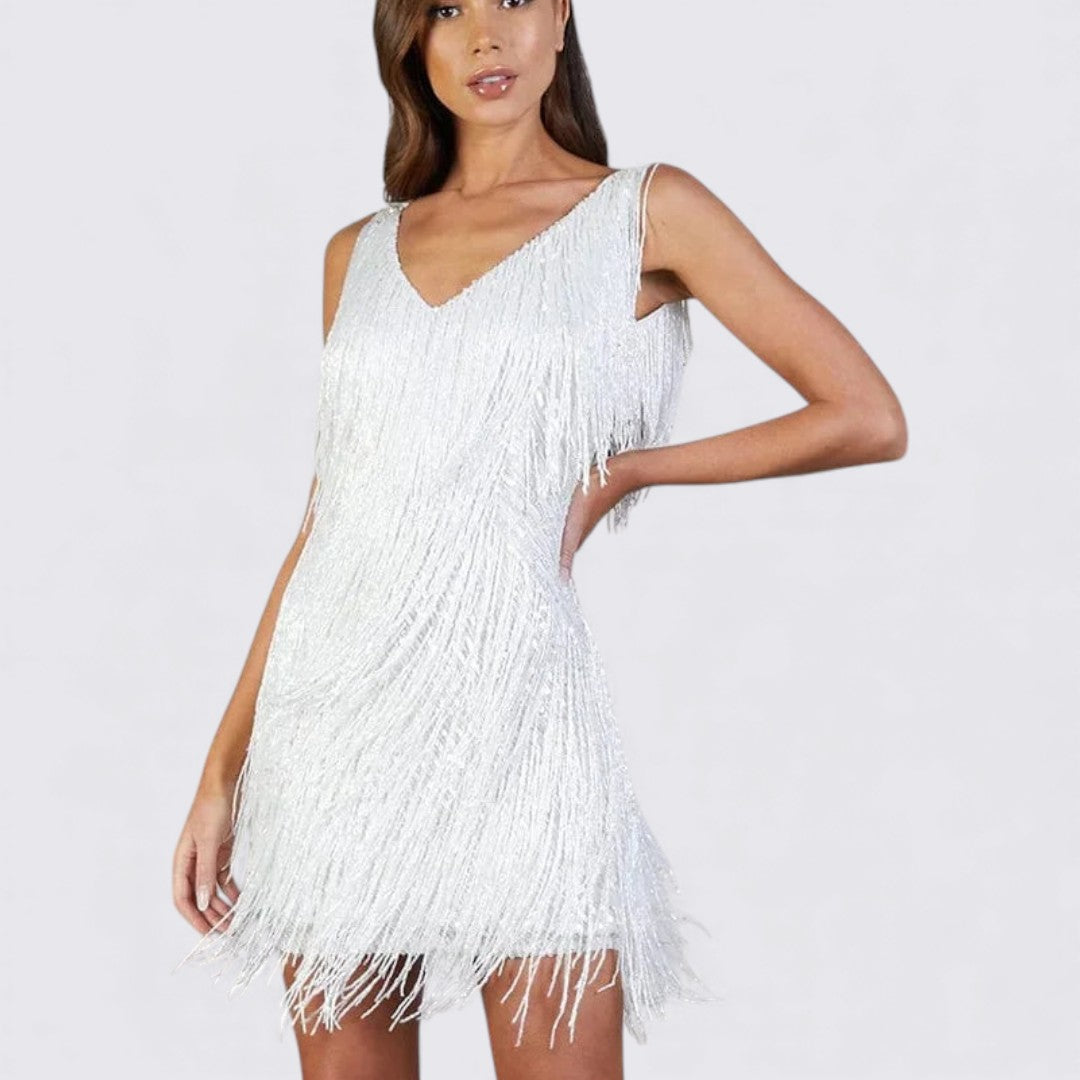 Damekjole med frynser – V-udskæring kjole – Ærmeløs