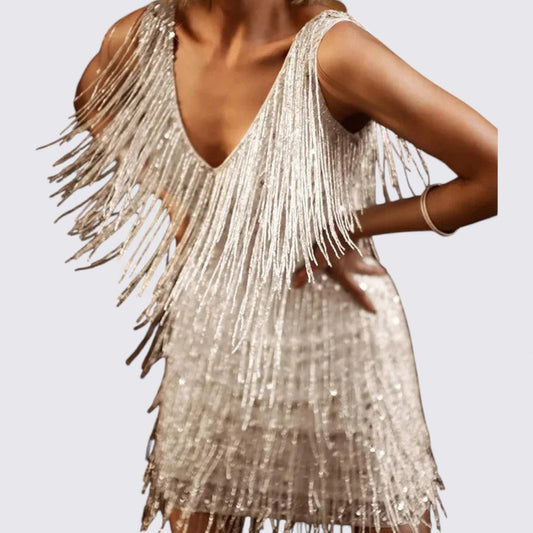 Damekjole med frynser – V-udskæring kjole – Ærmeløs