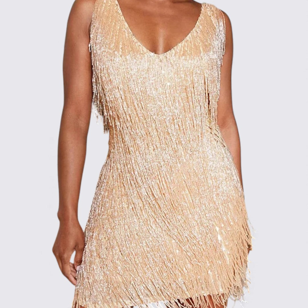 Damekjole med frynser – V-udskæring kjole – Ærmeløs